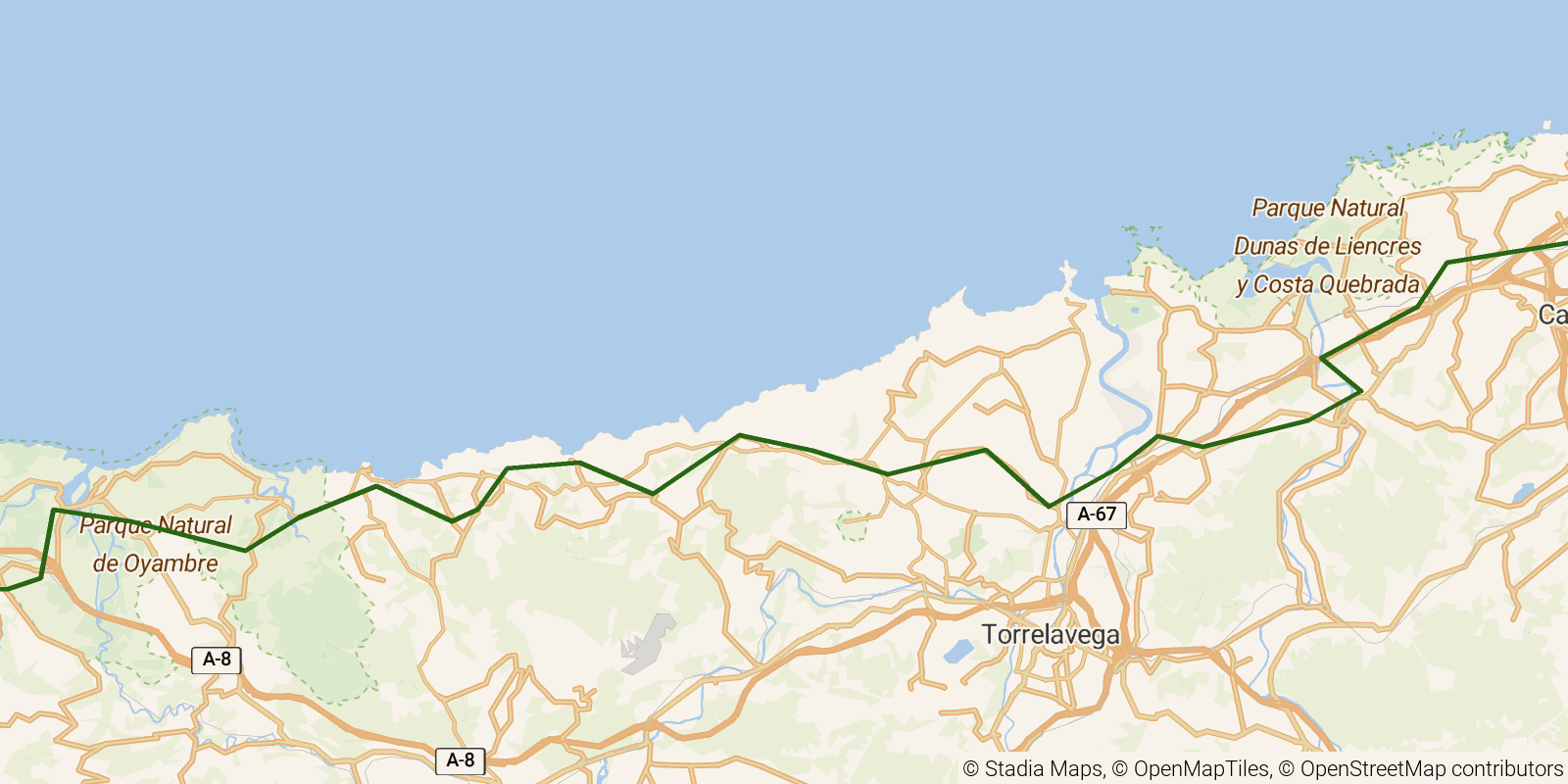 Route map of the Camino del Norte — Stages 13–15: Santander to Colombres on OpenStreetMap terrain