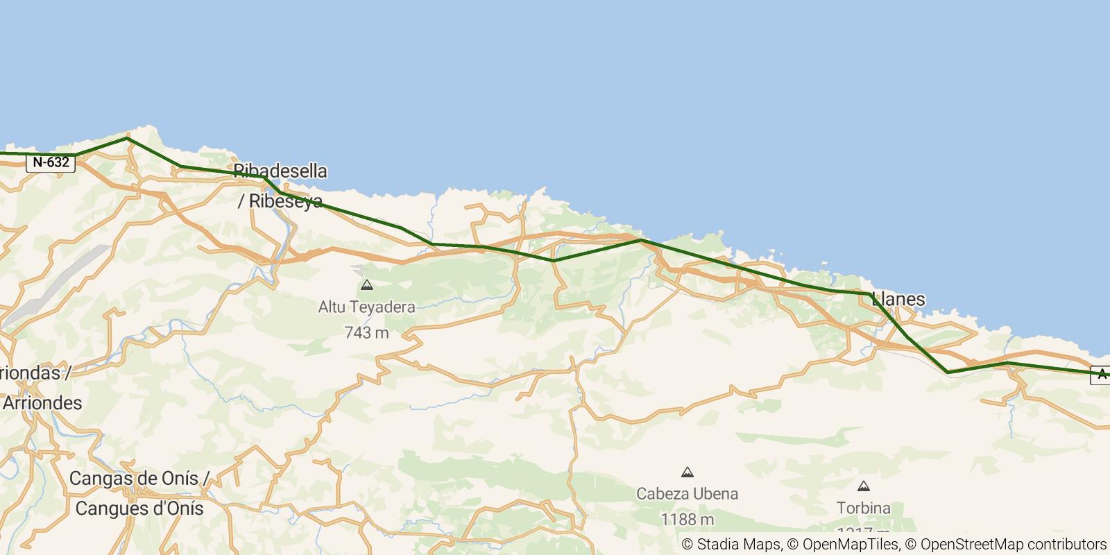 Route map of the Camino del Norte — Stages 16–18: Colombres to Sebrayo on OpenStreetMap terrain