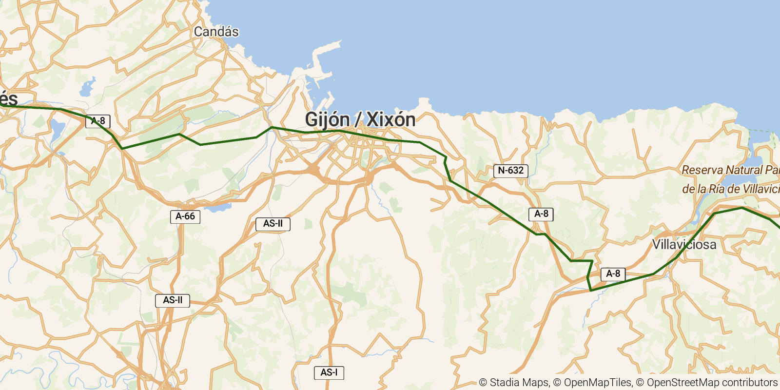 Route map of the Camino del Norte — Stages 19–20: Sebrayo to Avilés on OpenStreetMap terrain