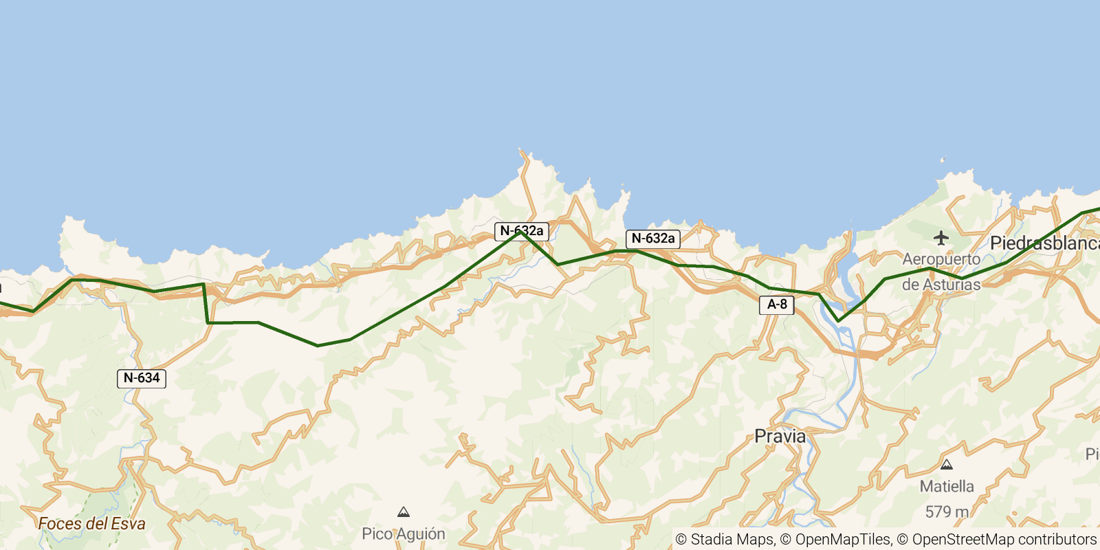 Route map of the Camino del Norte — Stages 21–23: Avilés to Luarca on OpenStreetMap terrain