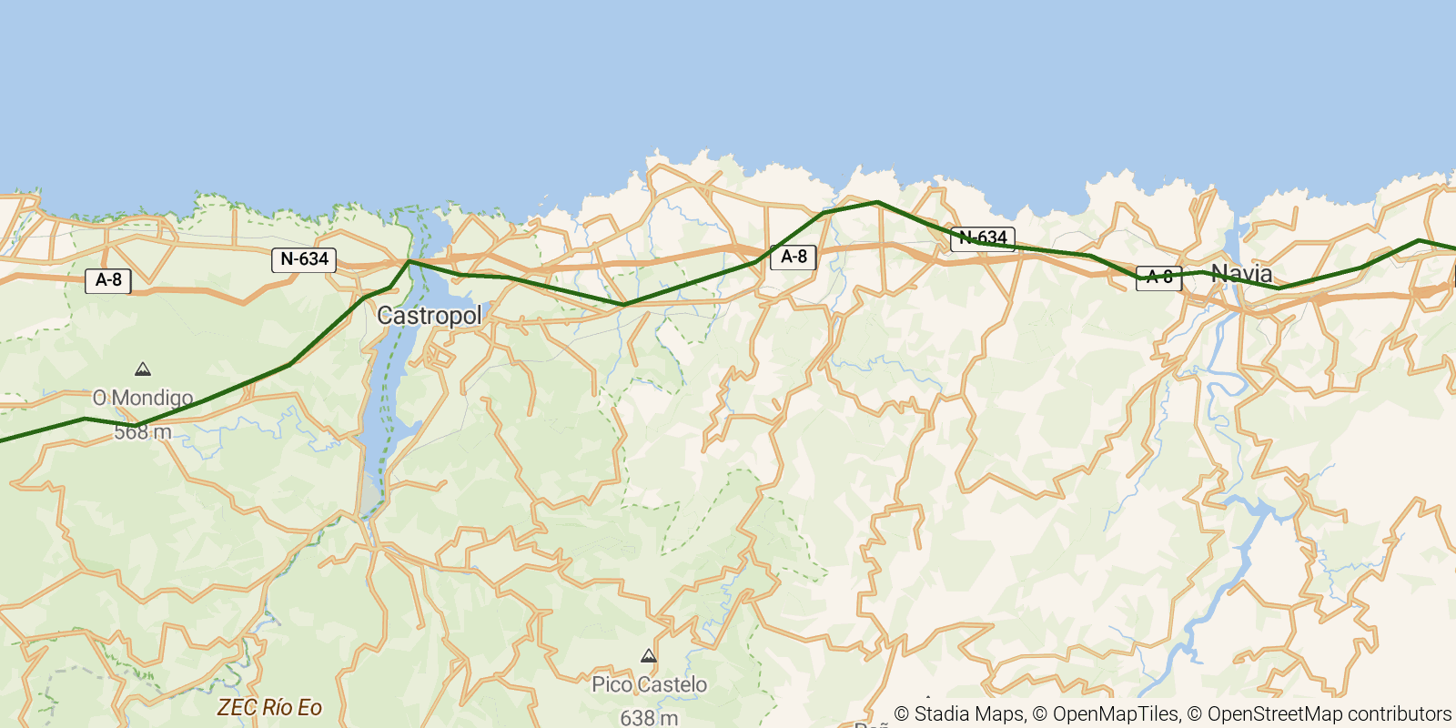 Route map of the Camino del Norte — Stages 24–26: Luarca to Lourenzá on OpenStreetMap terrain