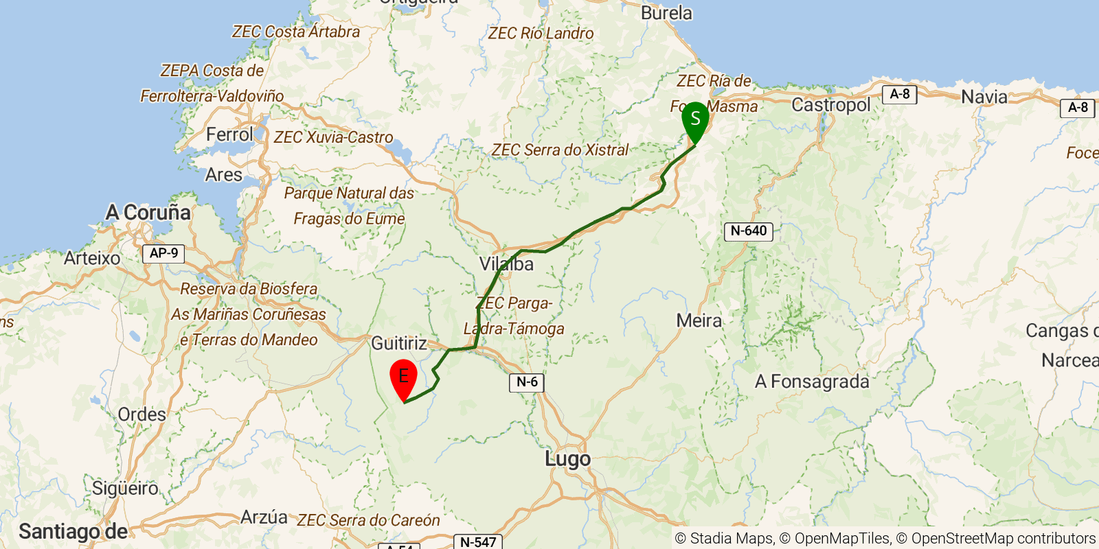 Route map of the Camino del Norte — Stages 27–30: Lourenzá to Miraz on OpenStreetMap terrain