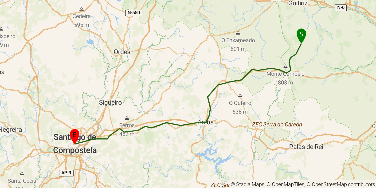 Route map of the Camino del Norte — Stages 31–34: Miraz to Santiago de Compostela on OpenStreetMap terrain