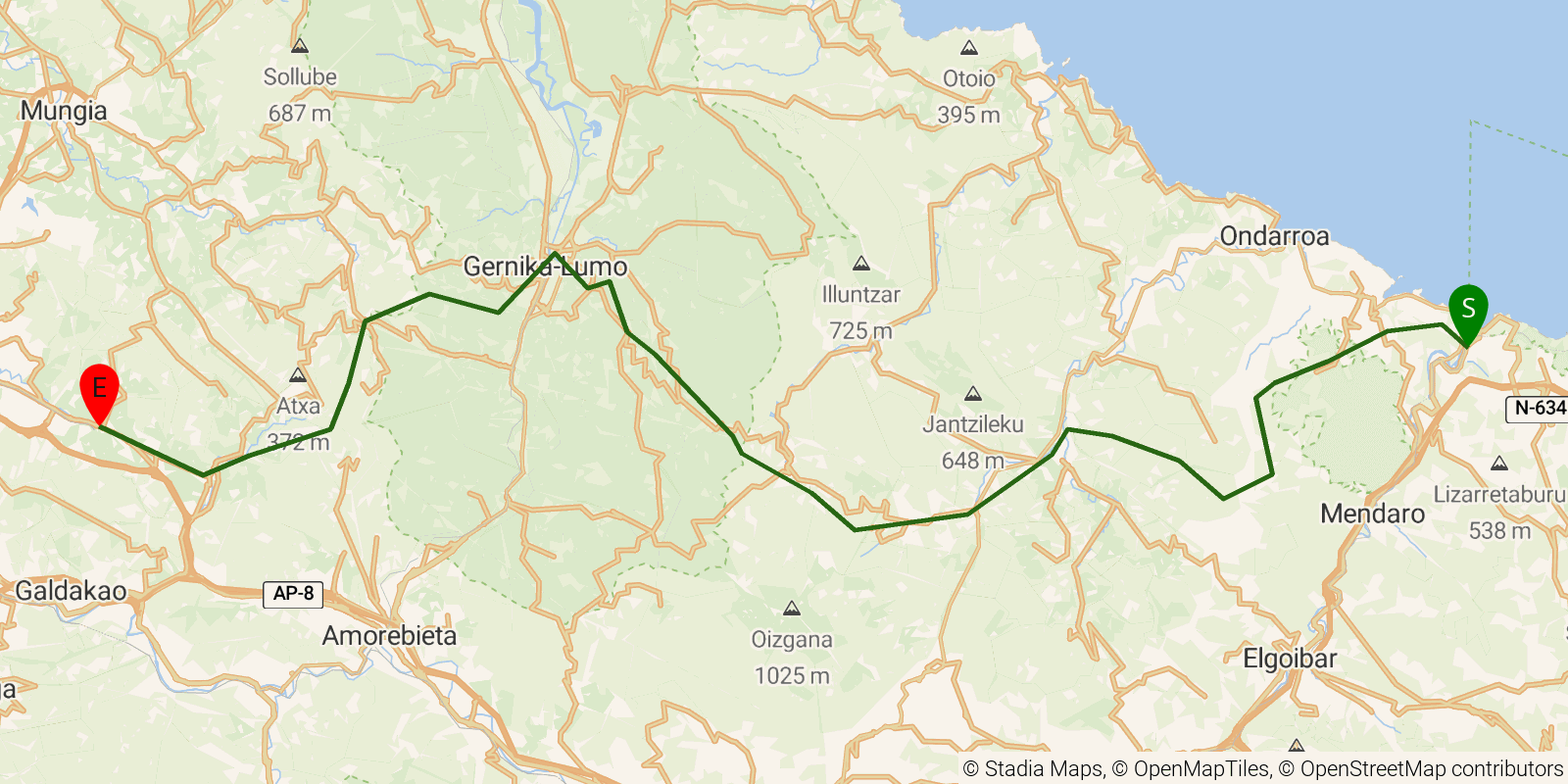 Route map of the Camino del Norte — Stages 4–6: Deba to Lezama on OpenStreetMap terrain