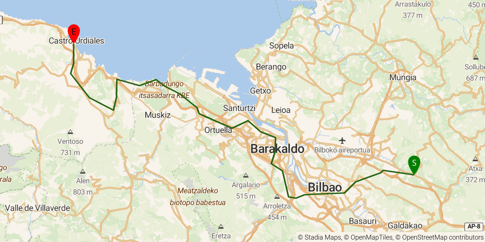 Route map of the Camino del Norte — Stages 7–9: Lezama to Castro Urdiales on OpenStreetMap terrain
