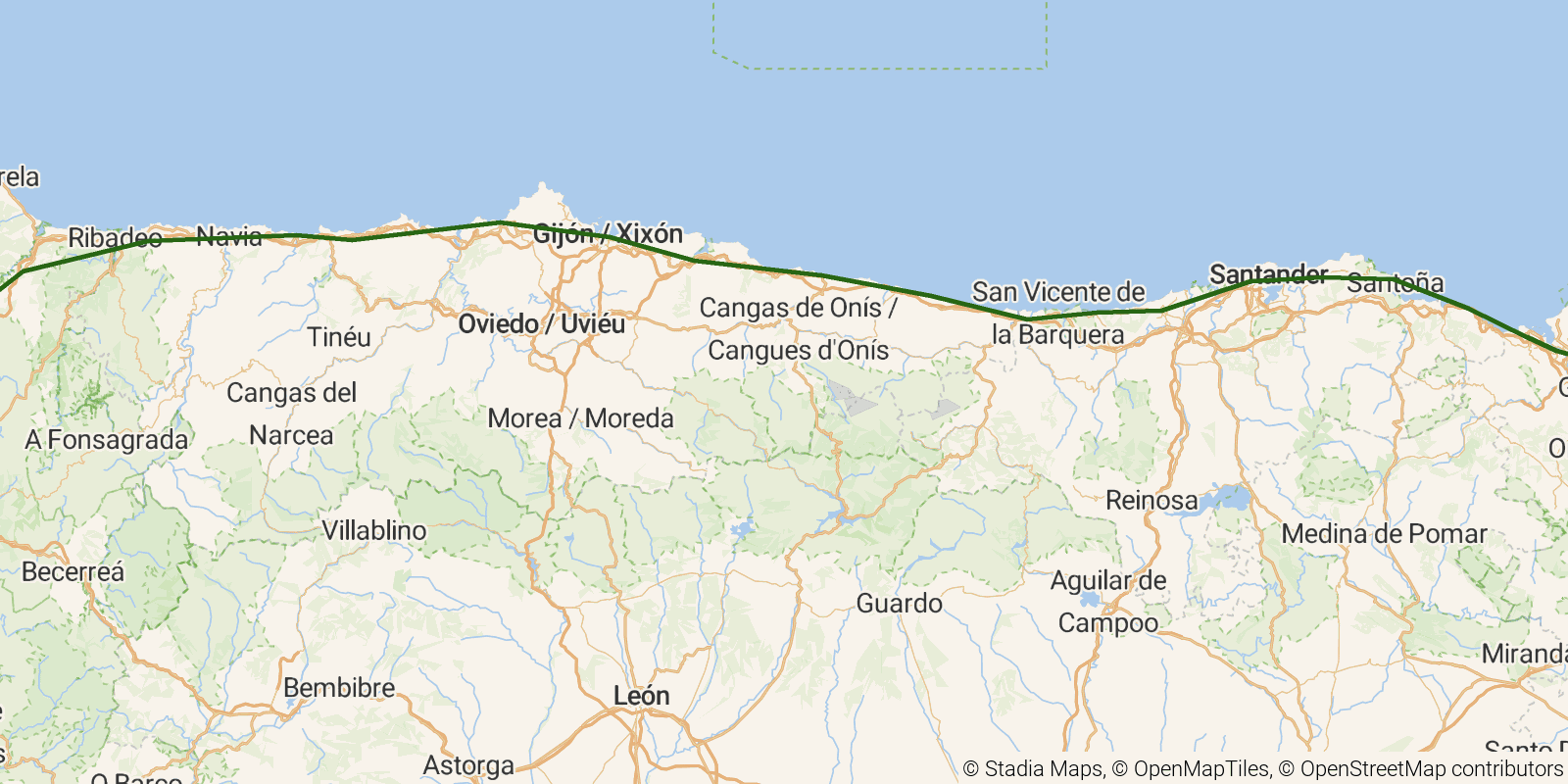 Route map of the Camino del Norte on OpenStreetMap terrain