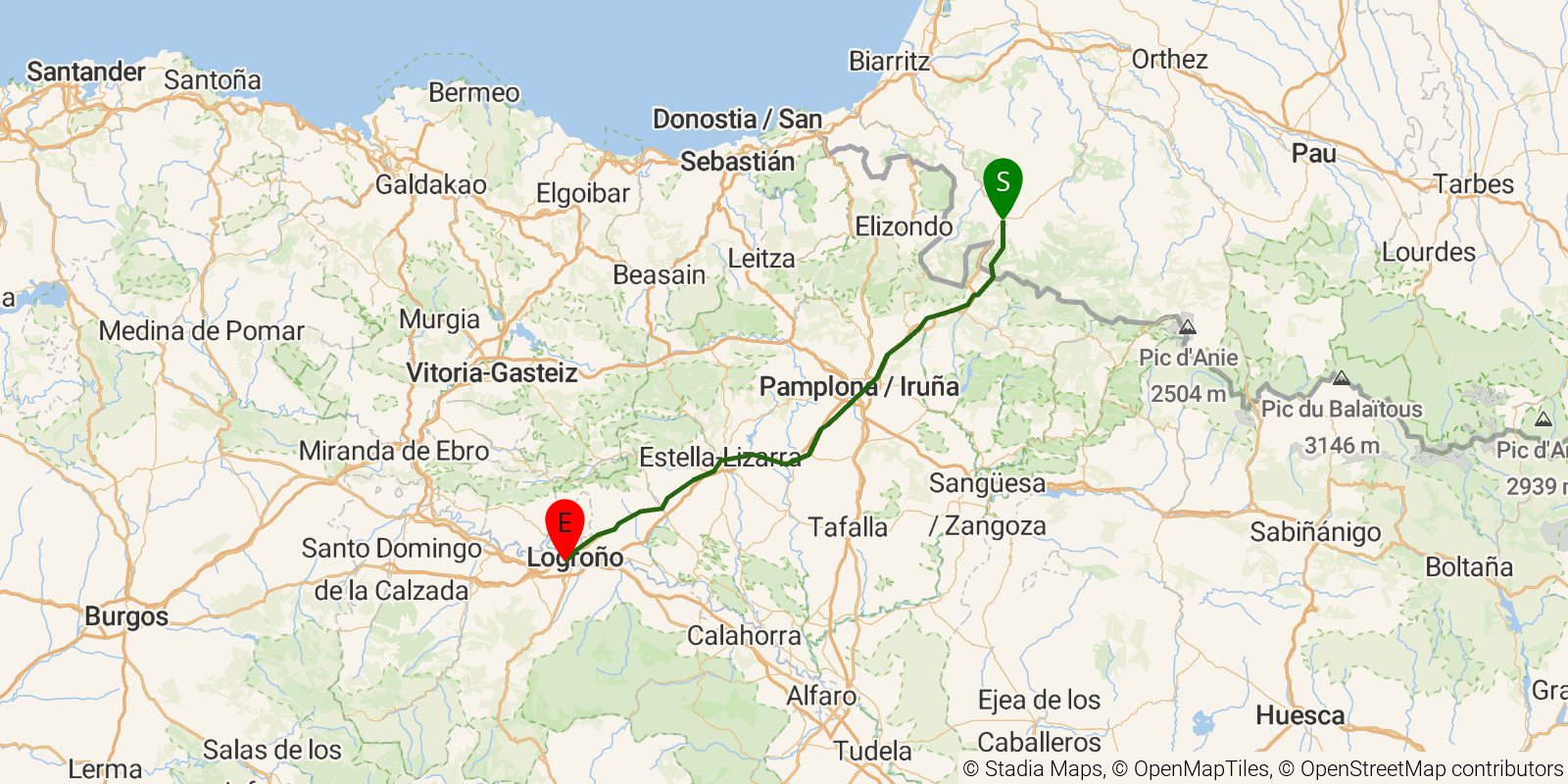 Route map of the Camino Francés – Stage 1 (Saint-Jean-Pied-de-Port to Logroño) on OpenStreetMap terrain