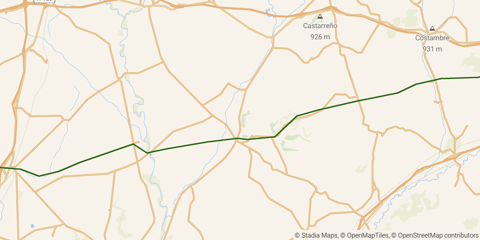 Route map of the Camino Francés — Stages 13–16: Burgos to Carrión de los Condes on OpenStreetMap terrain