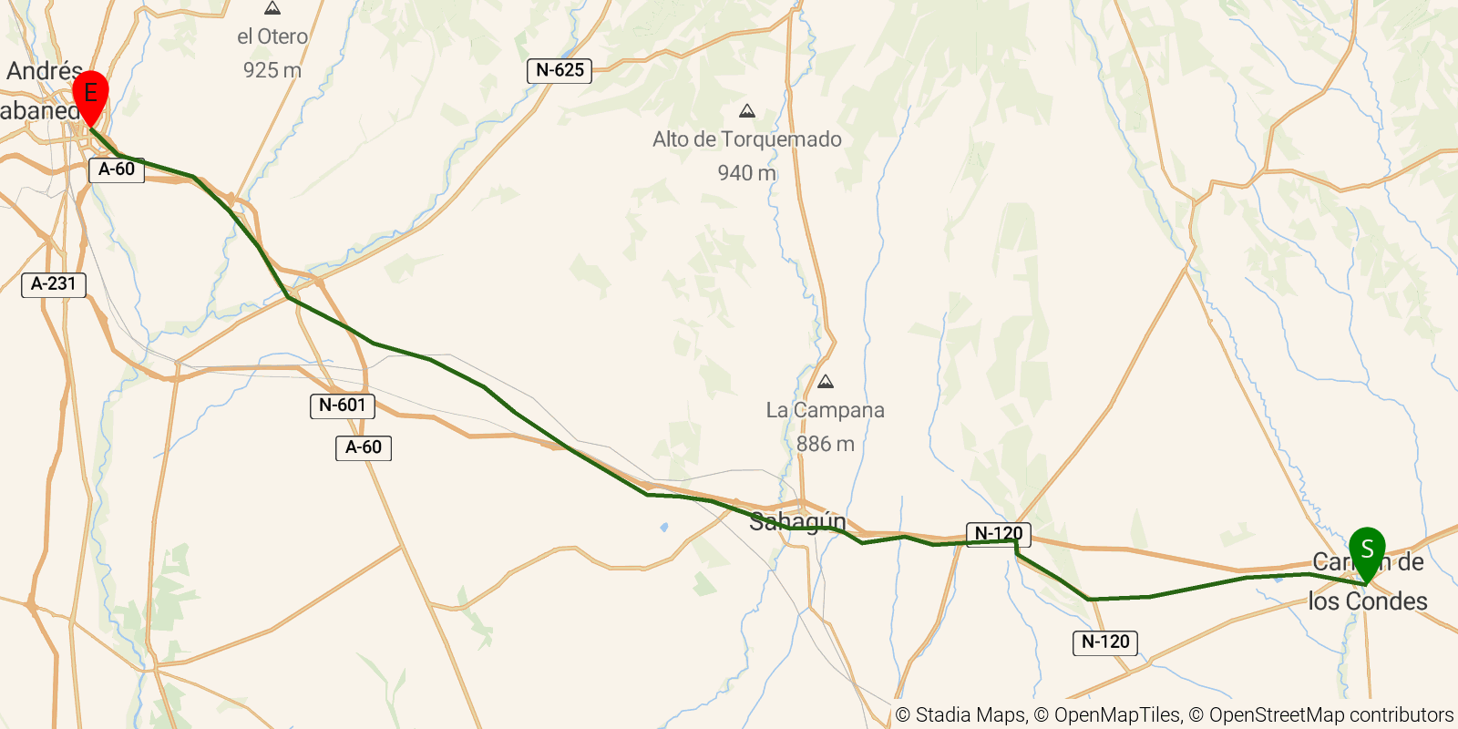 Route map of the Camino Francés — Stages 17–20: Carrión de los Condes to León on OpenStreetMap terrain