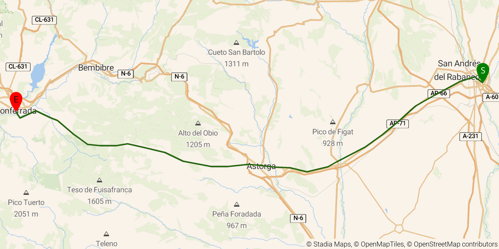 Route map of the Camino Francés — Stages 21–24: León to Ponferrada on OpenStreetMap terrain