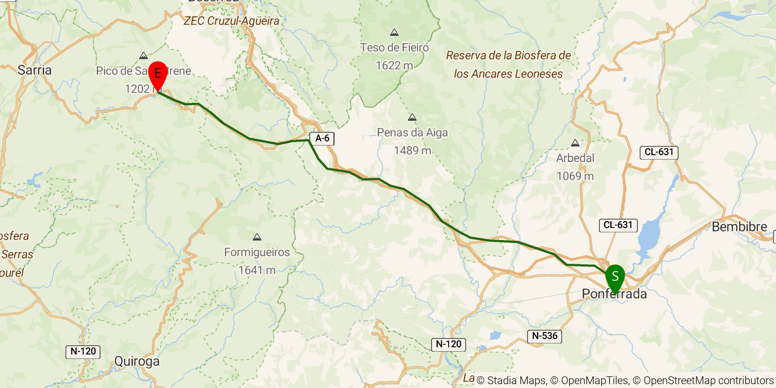 Route map of the Camino Francés — Stages 25–27: Ponferrada to Triacastela on OpenStreetMap terrain