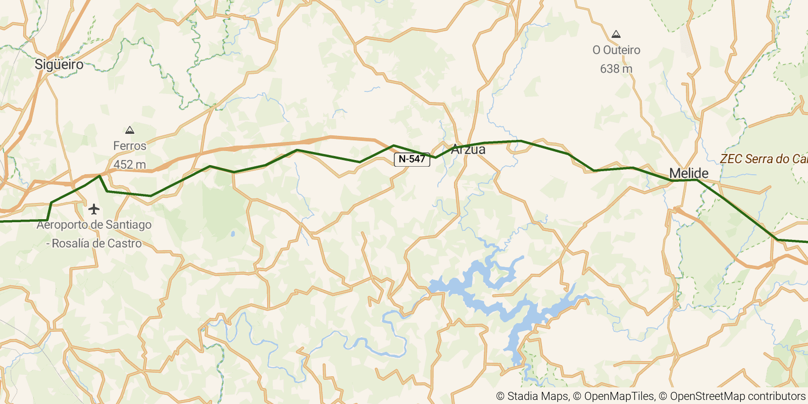 Route map of the Camino Francés — Stages 31–33: Palas de Rei to Santiago de Compostela on OpenStreetMap terrain