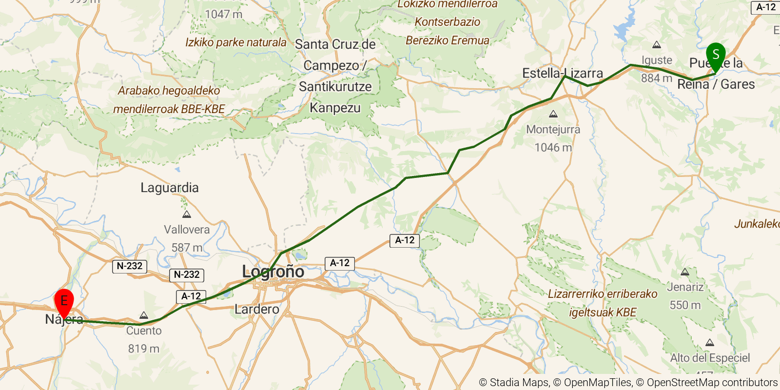 Route map of the Camino Francés — Stages 5–8: Puente la Reina to Nájera on OpenStreetMap terrain