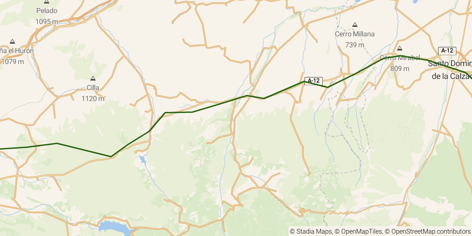 Route map of the Camino Francés — Stages 9–12: Nájera to Burgos on OpenStreetMap terrain