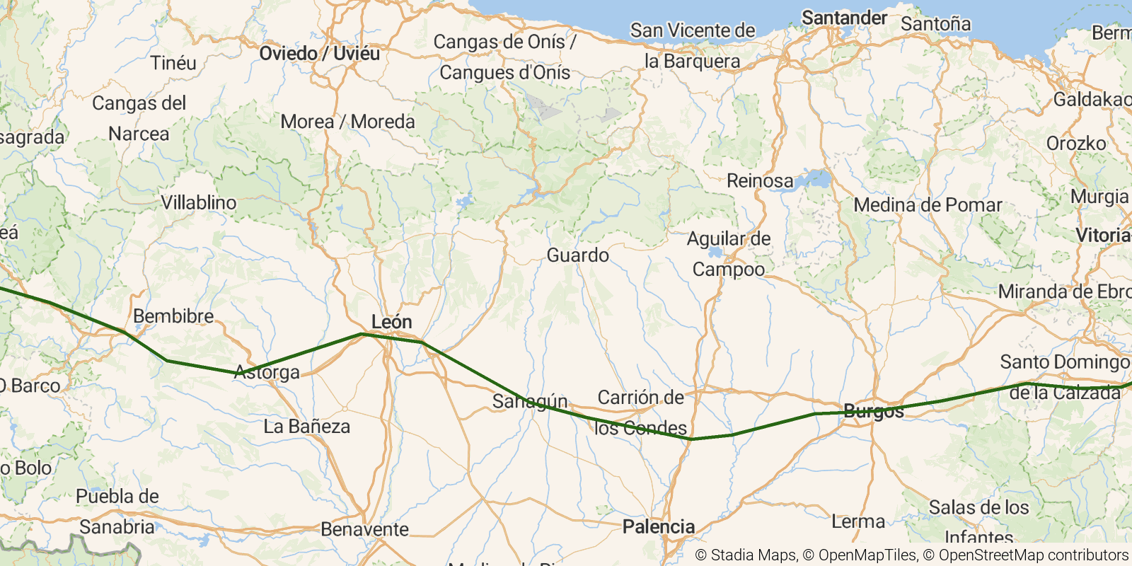 Route map of the Camino Francés on OpenStreetMap terrain