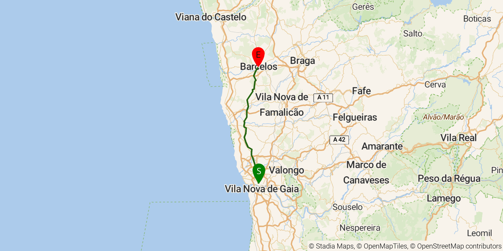 Route map of the Camino Portugués Central (Porto to Santiago) — Stages 1–2: Porto to Barcelos on OpenStreetMap terrain