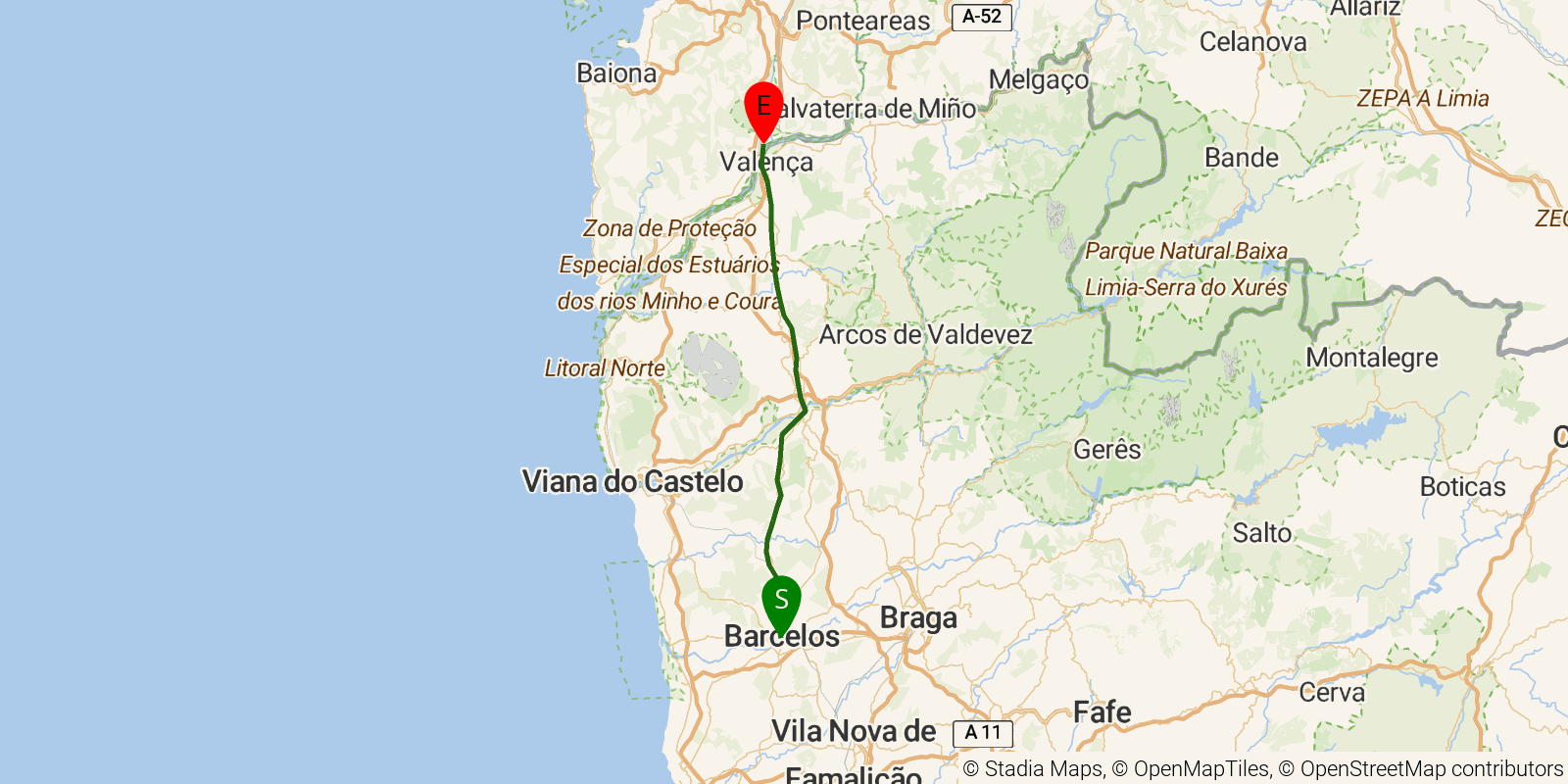 Route map of the Camino Portugués Central (Porto to Santiago) — Stages 3–5: Barcelos to Tui on OpenStreetMap terrain