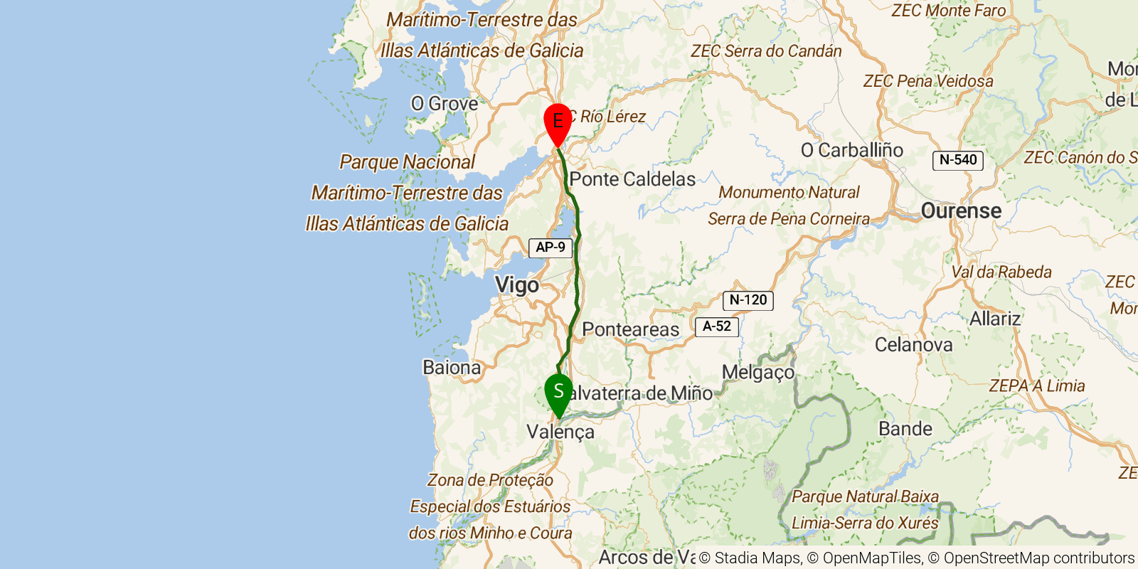 Route map of the Camino Portugués Central (Porto to Santiago) — Stages 6–7: Tui to Pontevedra on OpenStreetMap terrain
