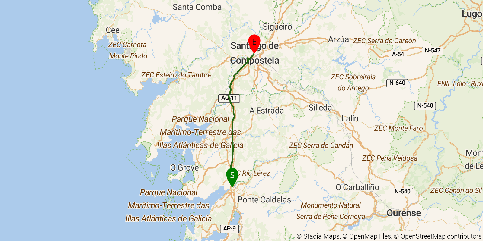 Route map of the Camino Portugués Central (Porto to Santiago) — Stages 8–10: Pontevedra to Santiago de Compostela on OpenStreetMap terrain
