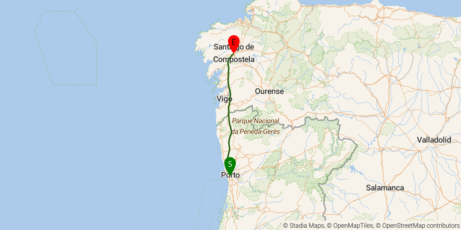 Route map of the Camino Portugués Central (Porto to Santiago) on OpenStreetMap terrain