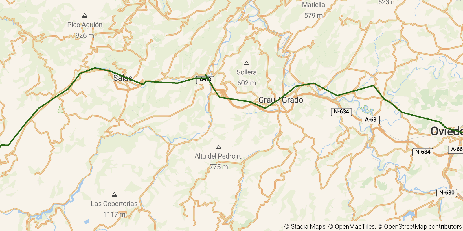 Route map of the Camino Primitivo — Stages 1–3: Oviedo to Tineo on OpenStreetMap terrain
