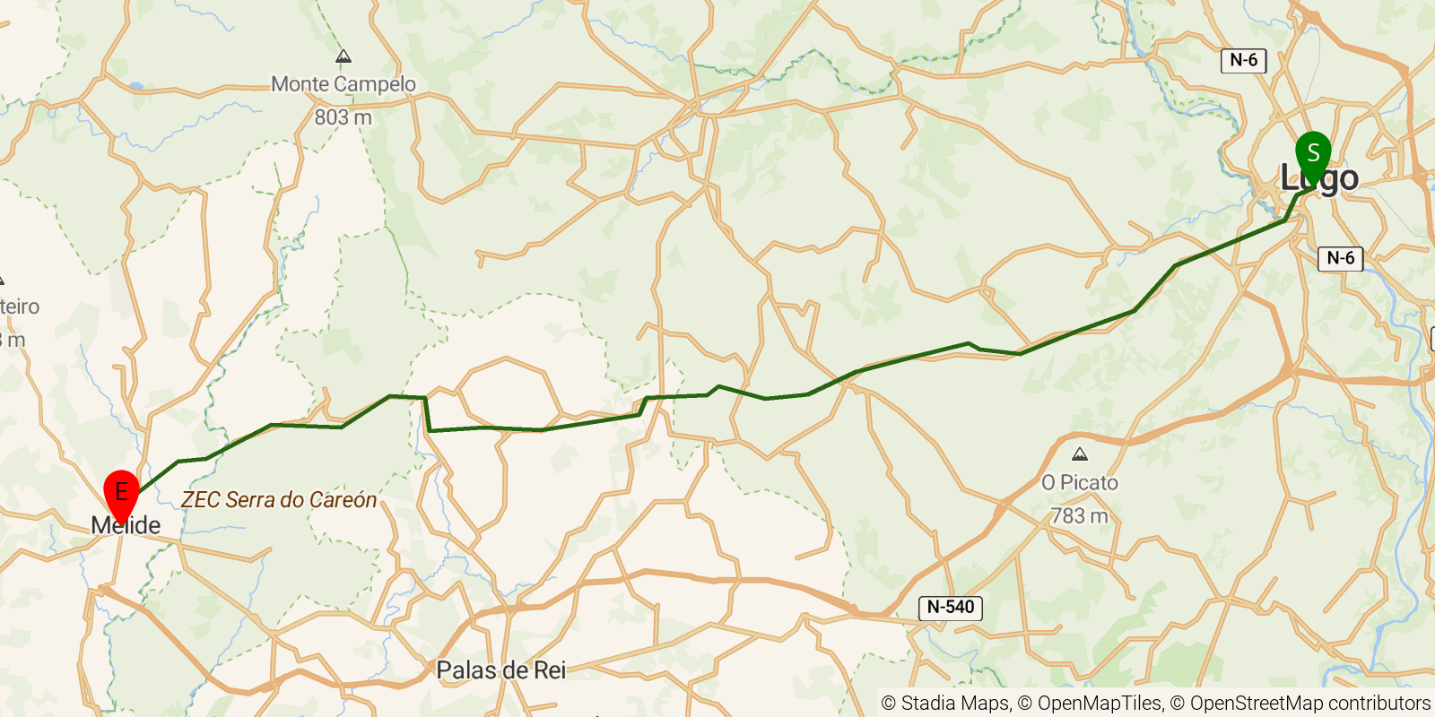 Route map of the Camino Primitivo — Stages 10–11: Lugo to Melide on OpenStreetMap terrain