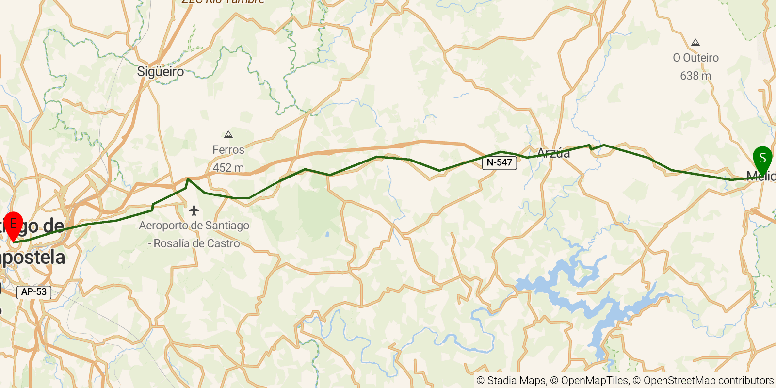 Route map of the Camino Primitivo — Stages 12–14: Melide to Santiago de Compostela on OpenStreetMap terrain