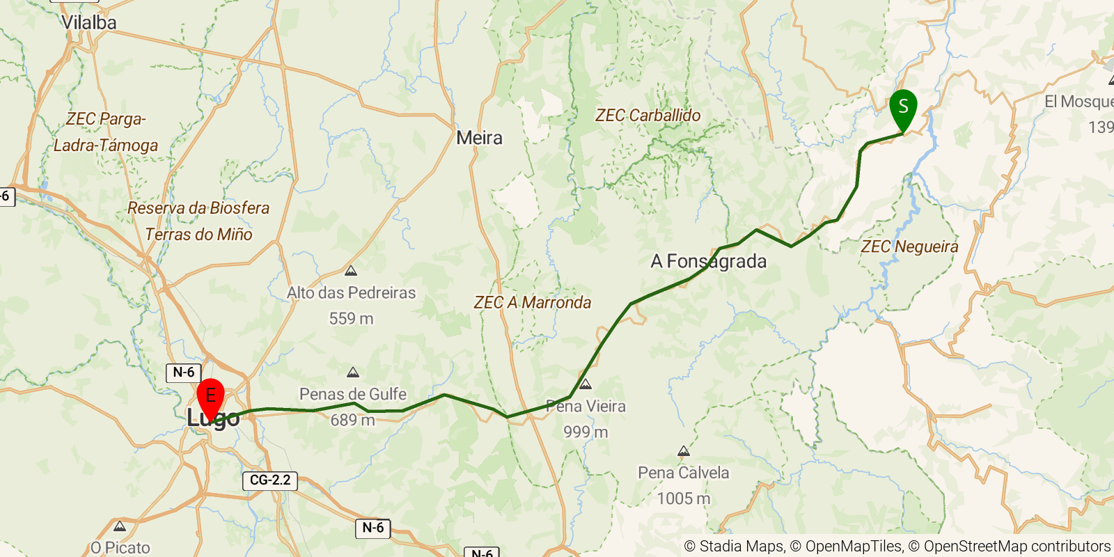 Route map of the Camino Primitivo — Stages 7–9: Grandas de Salime to Lugo on OpenStreetMap terrain