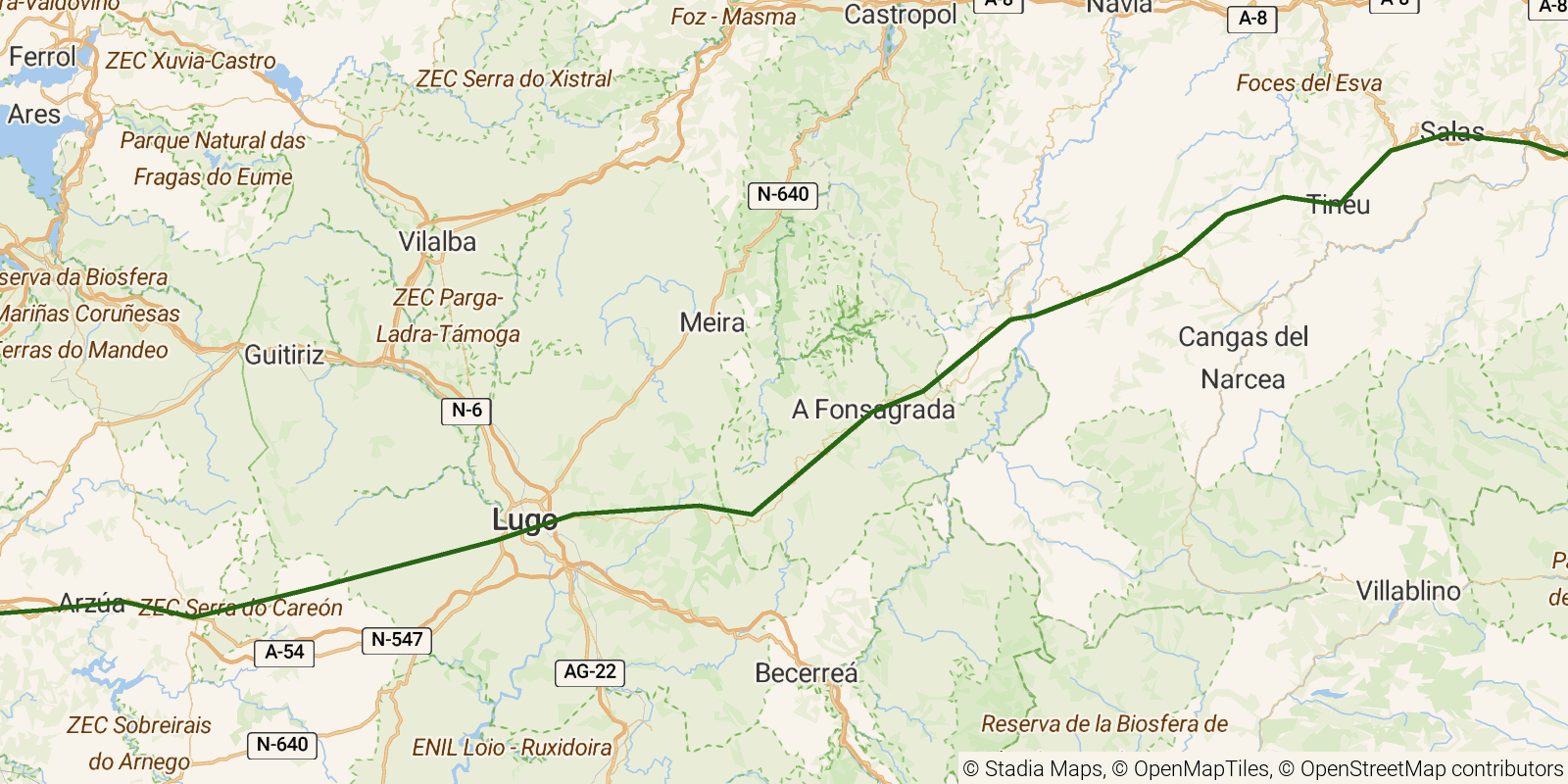Route map of the Camino Primitivo on OpenStreetMap terrain