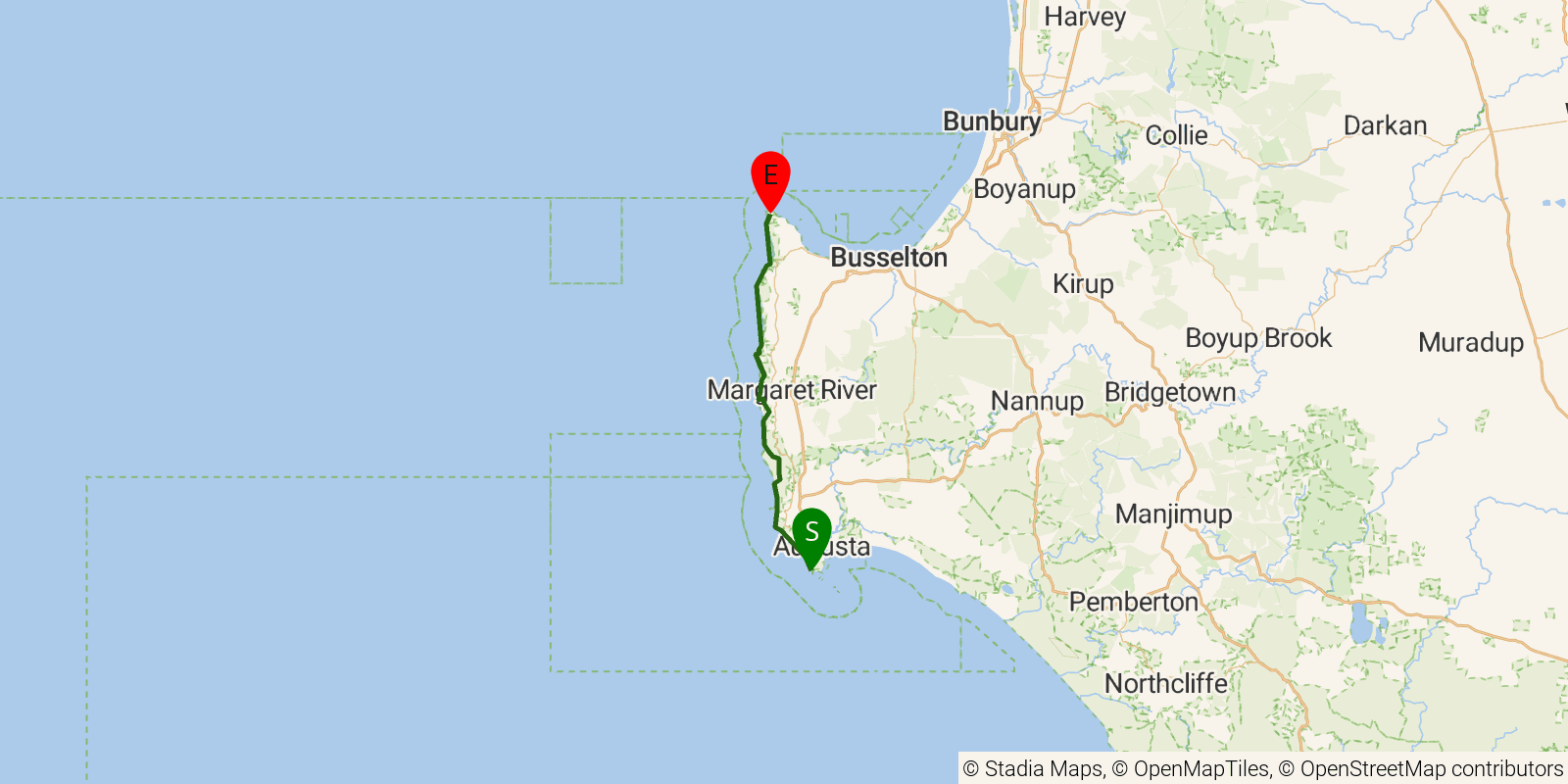 Route map of the Cape to Cape Track on OpenStreetMap terrain
