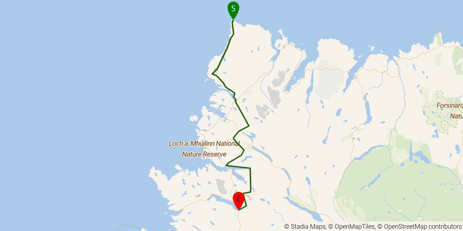 Route map of the Cape Wrath Trail (Inchnadamph to Cape Wrath) on OpenStreetMap terrain