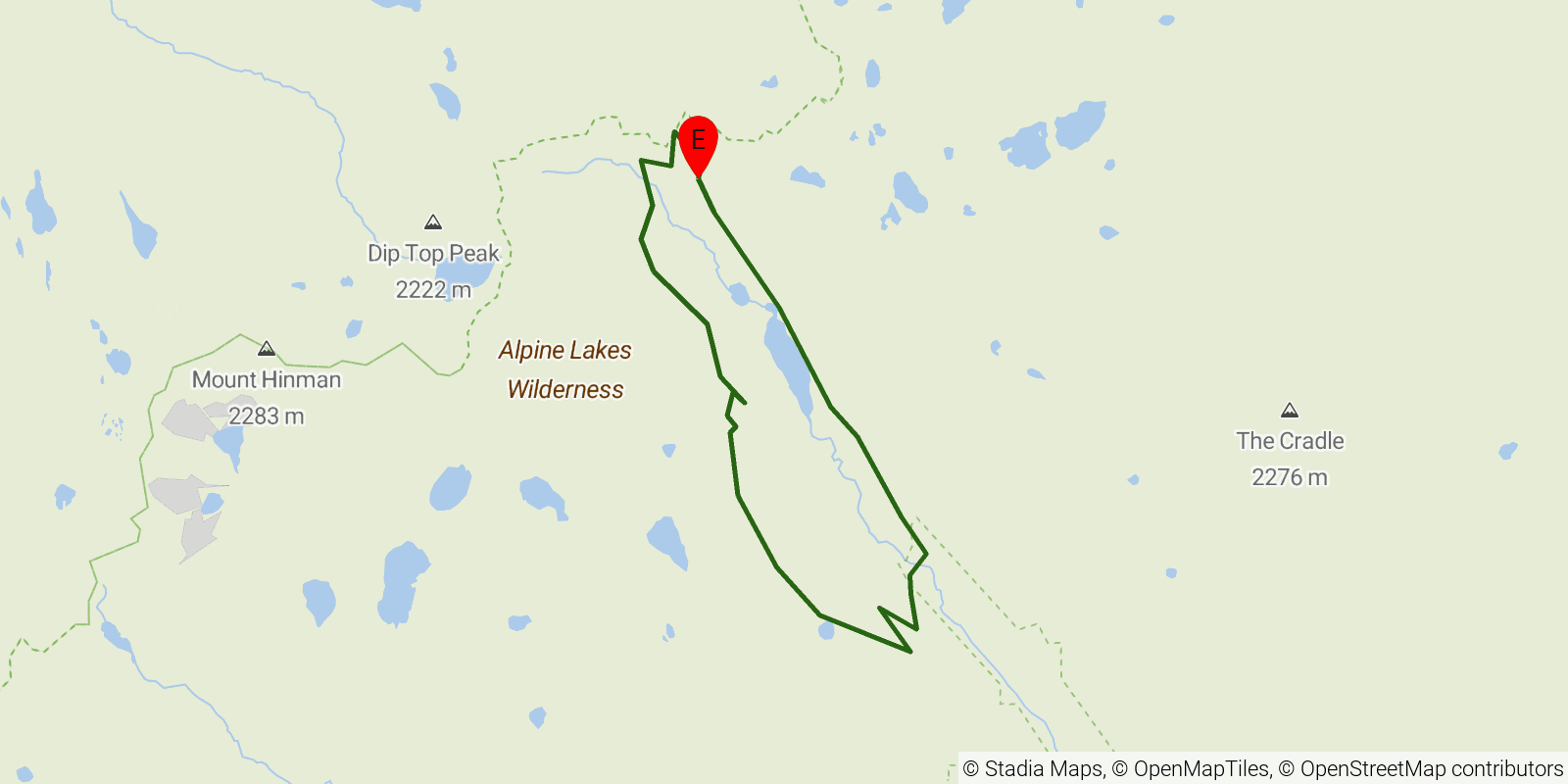 Route map of the Cathedral Pass Loop (Alpine Lakes) on OpenStreetMap terrain
