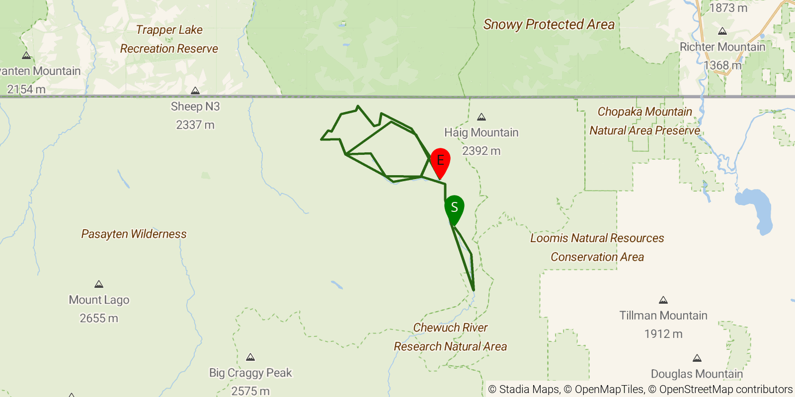 Route map of the Cathedral Pass Loop (Pasayten) on OpenStreetMap terrain