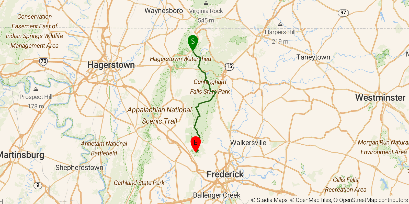 Route map of the Catoctin Trail on OpenStreetMap terrain
