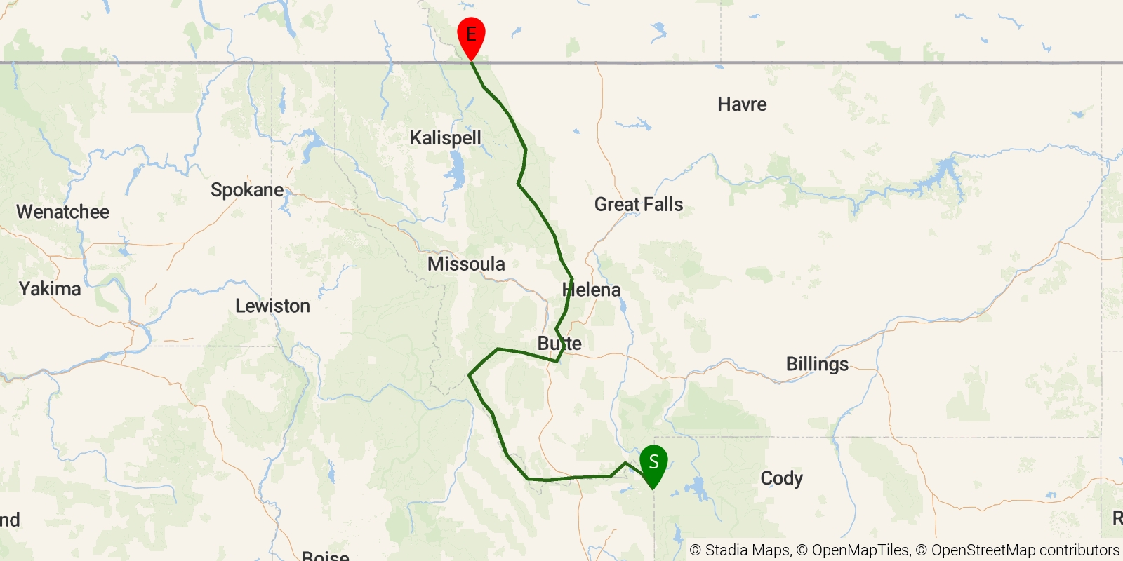 Route map of the CDT — Idaho & Montana Section on OpenStreetMap terrain