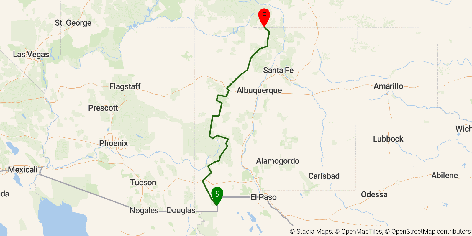 Route map of the CDT — New Mexico Section on OpenStreetMap terrain