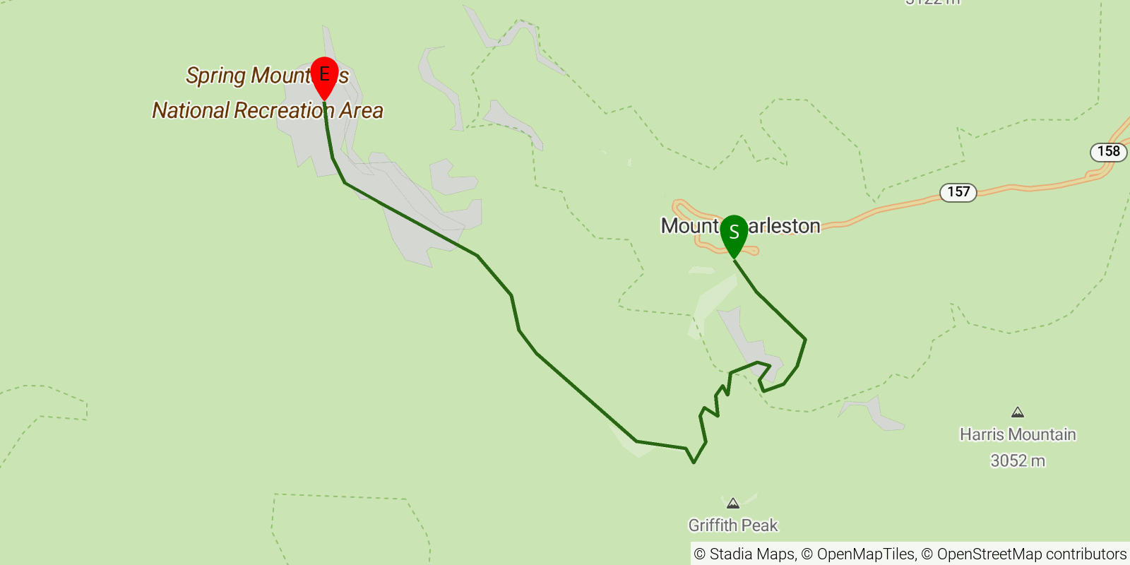 Route map of the Charleston Peak South Loop on OpenStreetMap terrain