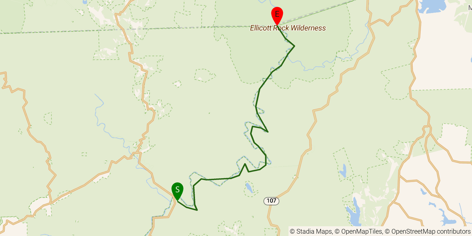 Route map of the Chattooga River Trail (SC side) on OpenStreetMap terrain