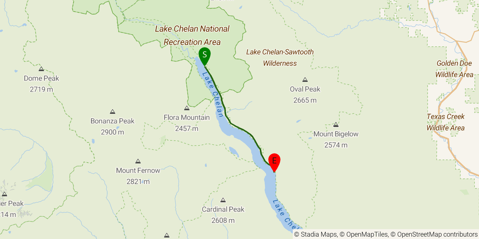 Route map of the Chelan Lakeshore Trail on OpenStreetMap terrain