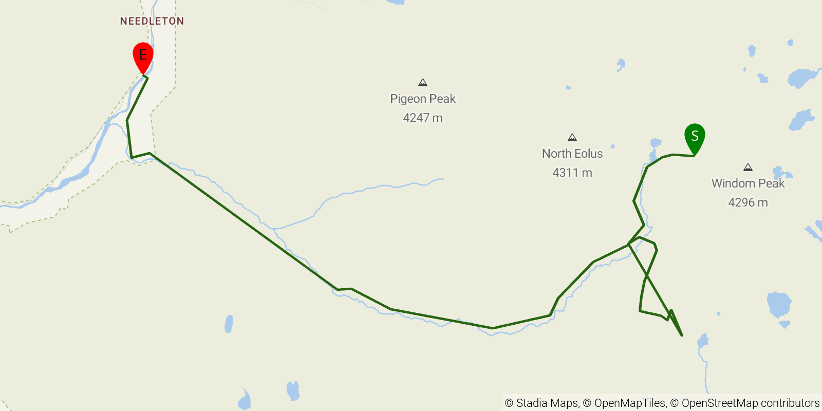 Route map of the Chicago Basin on OpenStreetMap terrain