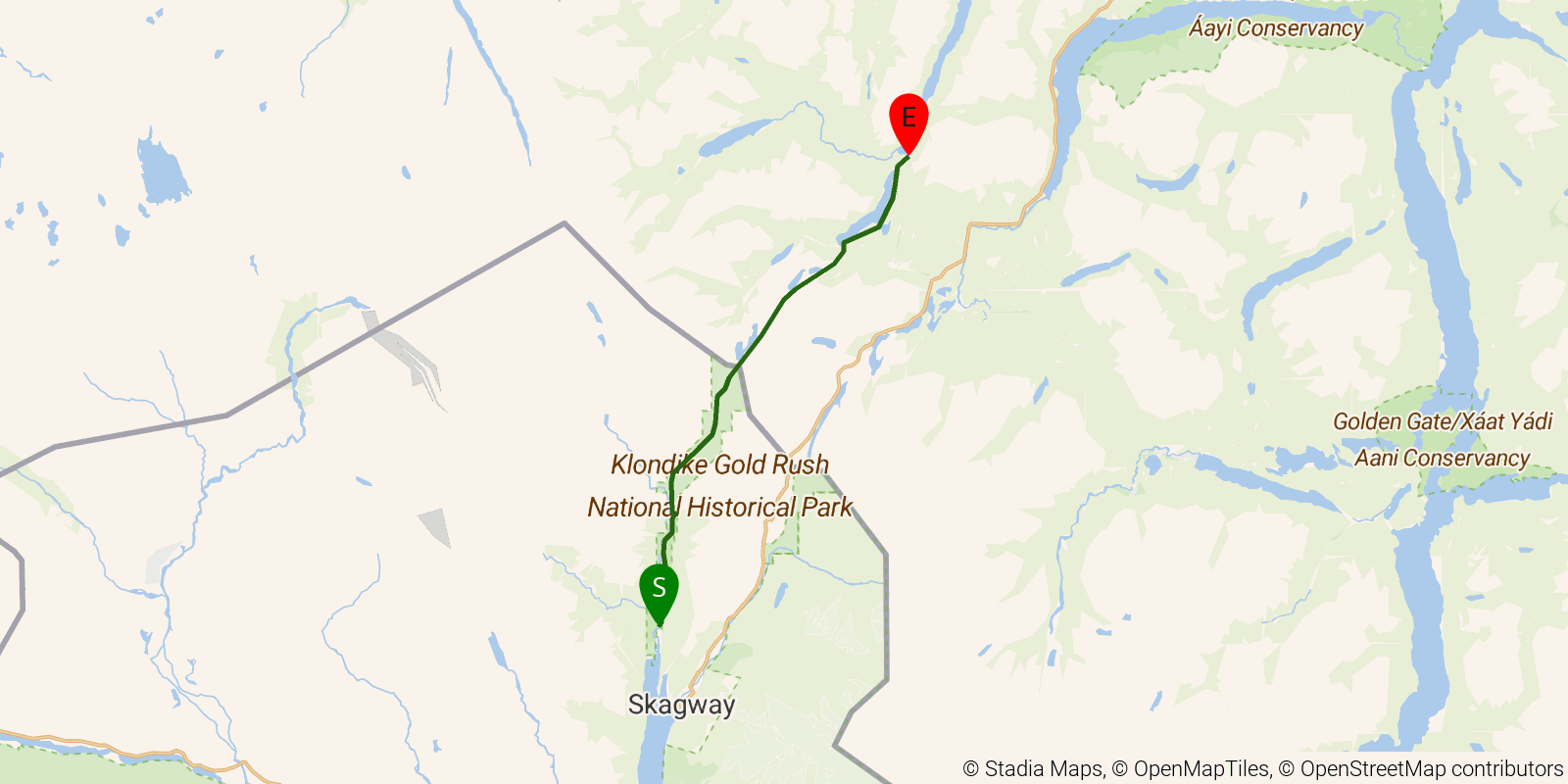 Route map of the Chilkoot Trail on OpenStreetMap terrain