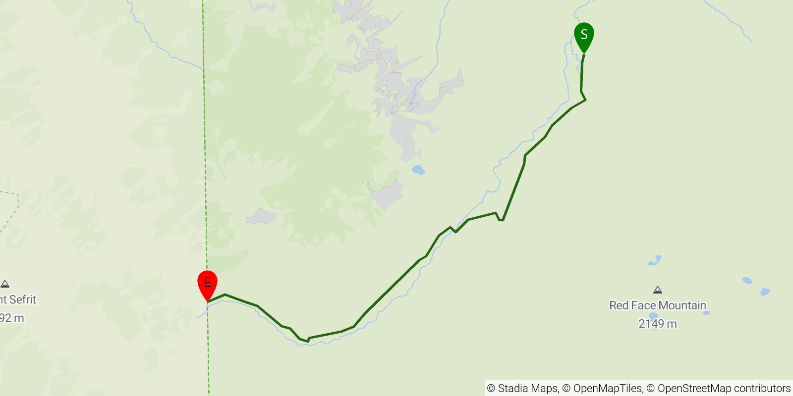 Route map of the Chilliwack River Trail on OpenStreetMap terrain