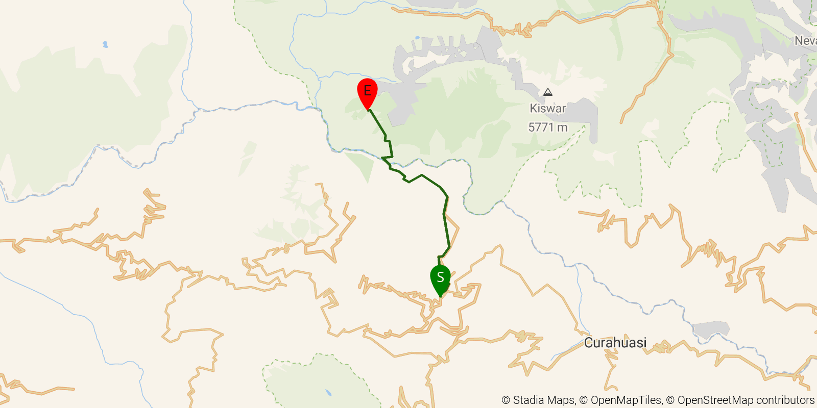 Route map of the Choquequirao Trek on OpenStreetMap terrain
