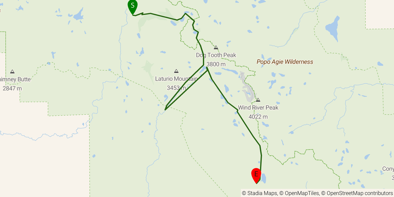 Route map of the Cirque of the Towers (CDT high route) on OpenStreetMap terrain
