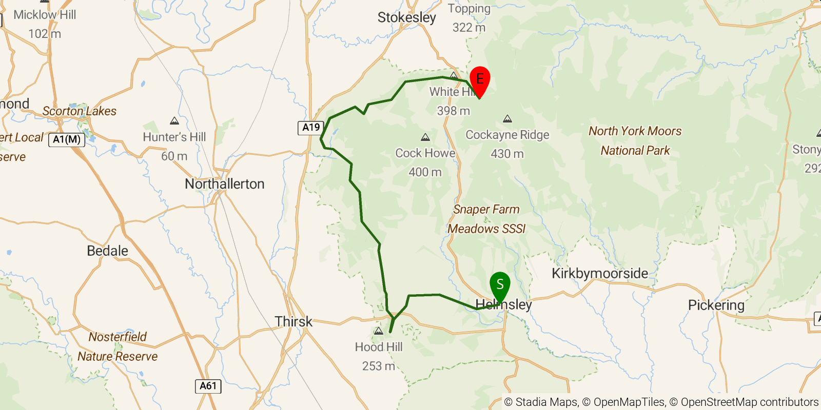 Route map of the Cleveland Way — Sections 1–3: Helmsley to Clay Bank on OpenStreetMap terrain