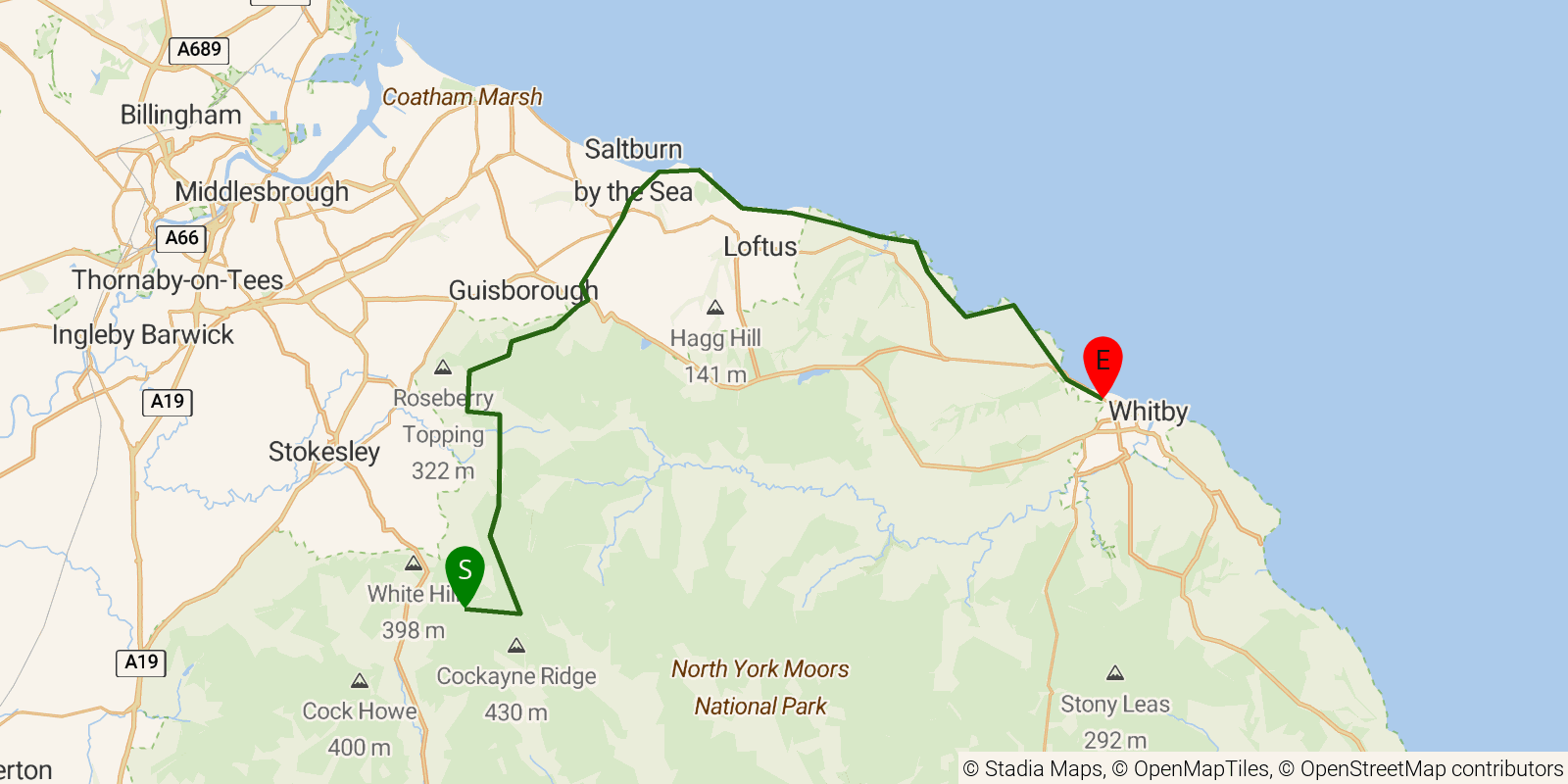Route map of the Cleveland Way — Sections 4–6: Clay Bank to Sandsend on OpenStreetMap terrain
