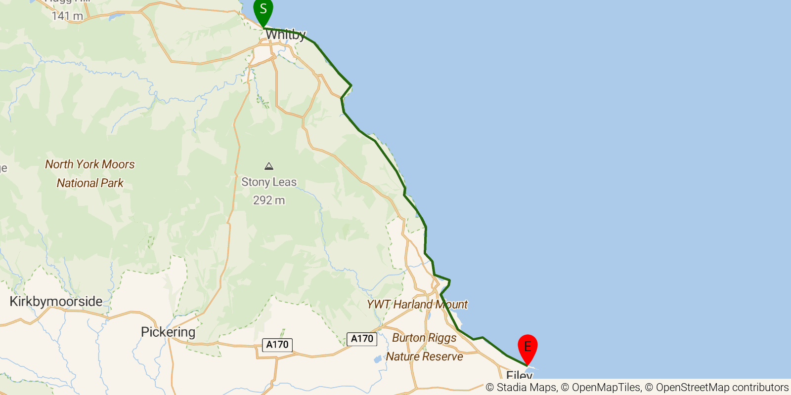 Route map of the Cleveland Way — Sections 7–9: Sandsend to Filey on OpenStreetMap terrain