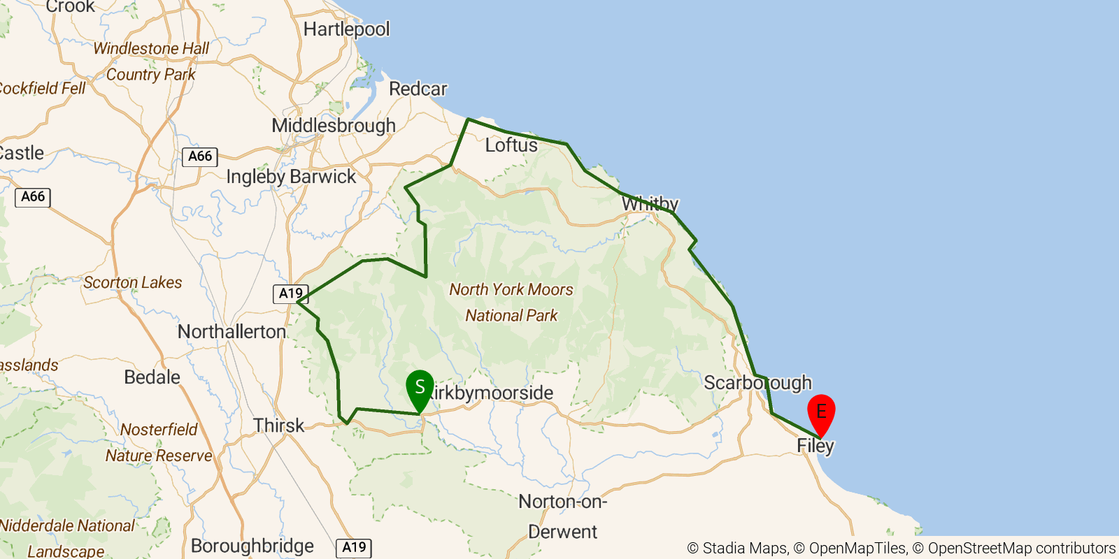Route map of the Cleveland Way on OpenStreetMap terrain