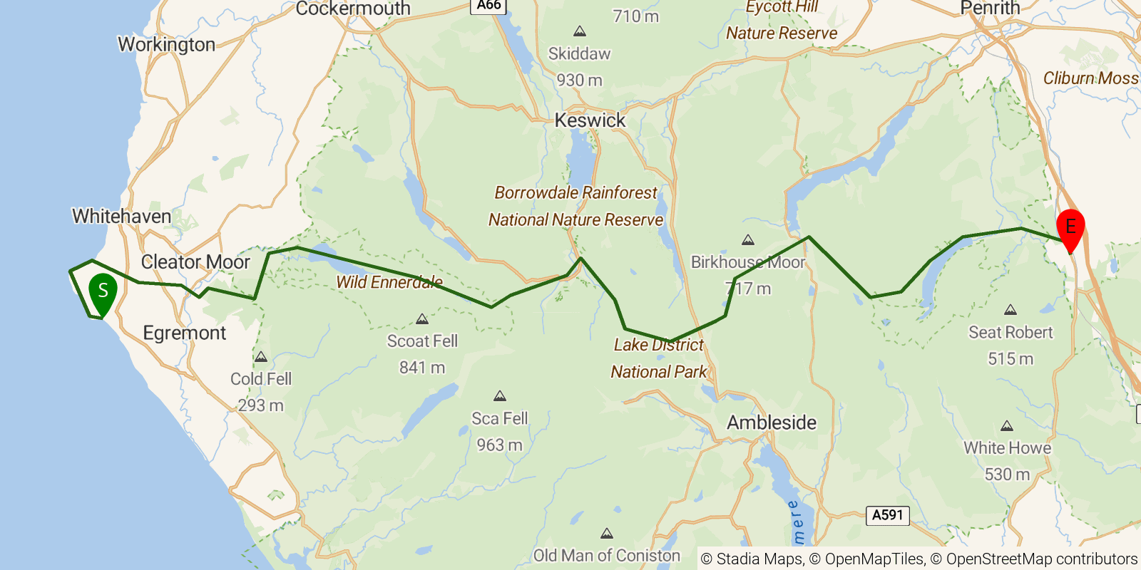 Route map of the Coast to Coast Walk (St Bees to Shap) on OpenStreetMap terrain