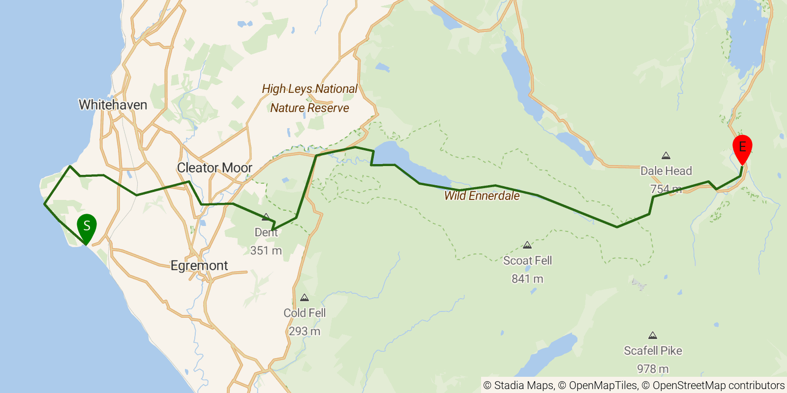 Route map of the Coast to Coast Walk — Stages 1–2: St Bees to Rosthwaite on OpenStreetMap terrain